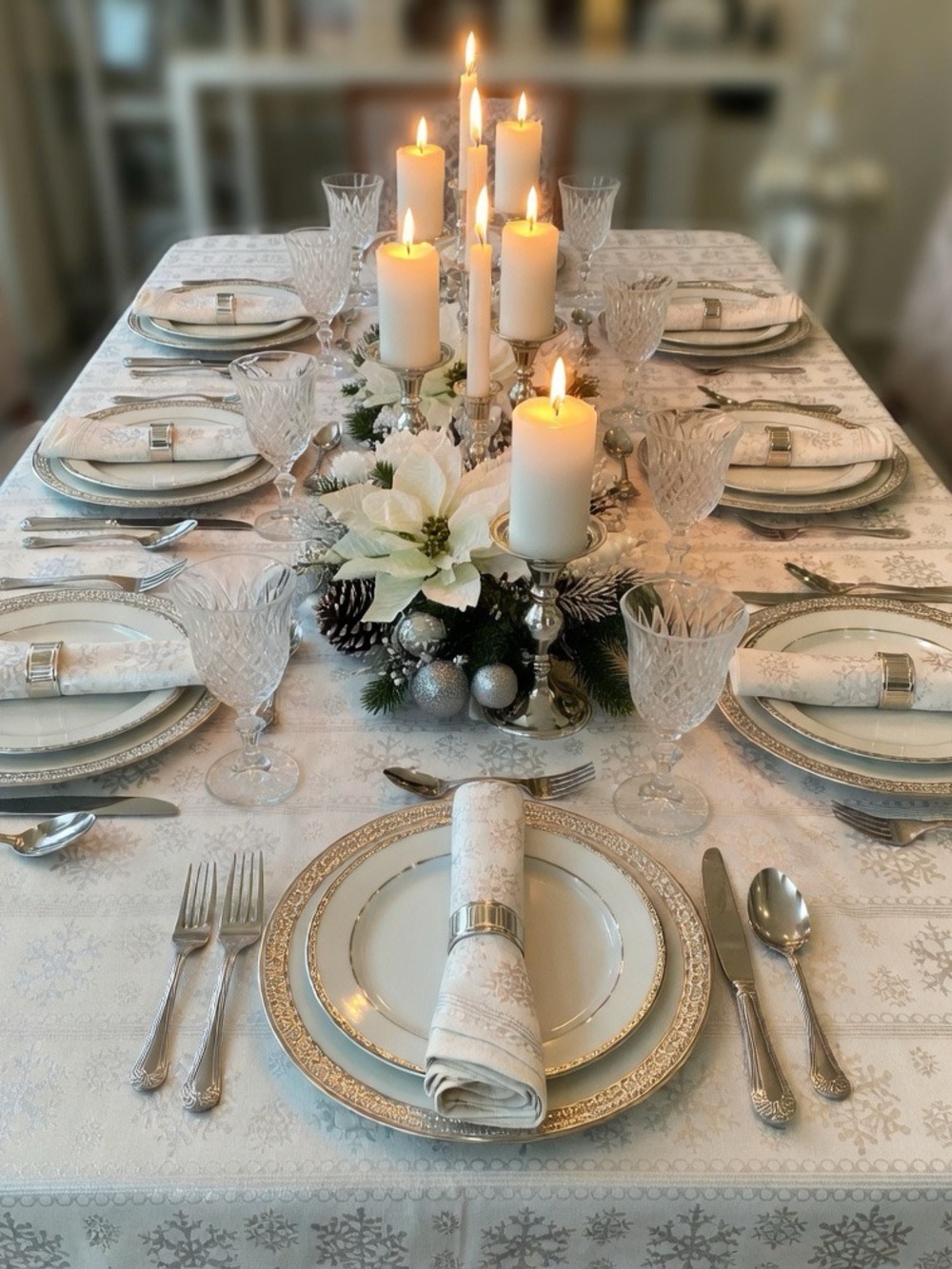 Living Quarters Snowflake Tablecloth 84x104 W/4 Matching Napkins